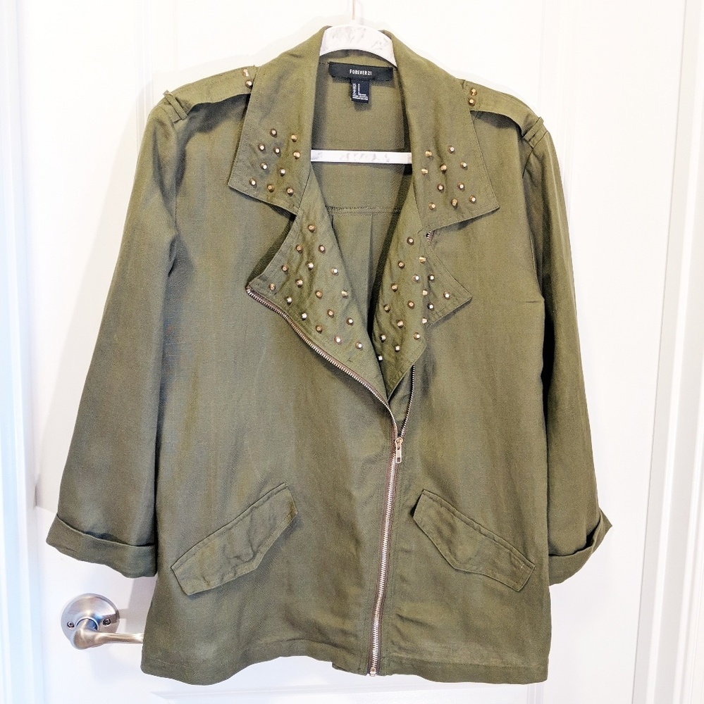 Forever 21 Studded Linen Moto Jacket Green Small